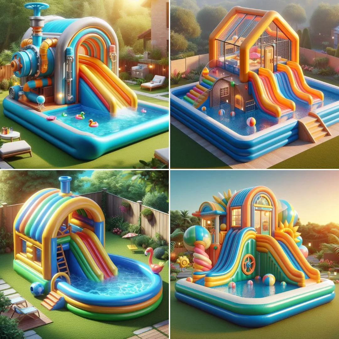 Upgrade your backyard fun with inflatable swimming pools and slide-shaped cabin homes.